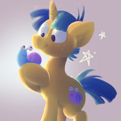 Size: 1024x1024 | Tagged: safe, artist:kukie, derpibooru import, snails, pony, unicorn, colt, cute, foal, freckles, male, smiling, snail, solo