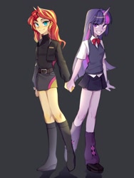 Size: 1536x2048 | Tagged: safe, artist:akusa01662709, derpibooru import, sunset shimmer, twilight sparkle, equestria girls, duo, female, gray background, holding hands, horn, simple background