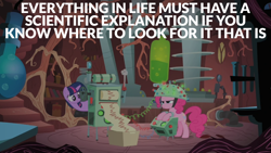 Size: 1920x1080 | Tagged: safe, derpibooru import, edit, edited screencap, editor:quoterific, screencap, pinkie pie, twilight sparkle, unicorn twilight, earth pony, pony, unicorn, feeling pinkie keen, basement, doctor who, duo, duo female, female, golden oaks library, mare, twilight's lab