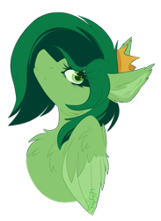 Size: 1123x1534 | Tagged: safe, artist:ezzerie, derpibooru import, oc, oc only, oc:emerald, pegasus, bust, chest fluff, crown, jewelry, pegasus oc, portrait, raffle prize, regalia, simple background, solo, transparent background