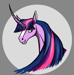 Size: 578x586 | Tagged: safe, artist:snedrir, derpibooru import, twilight sparkle, pony, unicorn, bust, curved horn, gray background, horn, long horn, portrait, simple background, solo