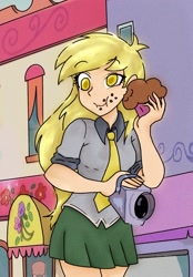 Size: 1423x2048 | Tagged: safe, artist:superstarrzz, derpibooru import, derpy hooves, human, clothes, female, food, golden eyes, humanized, messy eating, muffin, necktie, scary, shirt, skirt, solo, store, that pony sure does love muffins, yellow hair