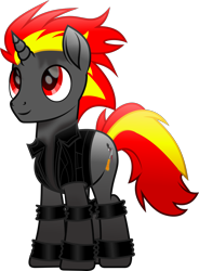 Size: 1773x2415 | Tagged: safe, artist:lincolnbrewsterfan, derpibooru exclusive, derpibooru import, oc, oc only, oc:shift timescale, pony, unicorn, rainbow roadtrip, .svg available, bands, clothes, colored pupils, cute, cute face, cute smile, embers, fire, gift art, gradient hair, gradient hooves, gradient mane, gradient tail, happy, horn, inkscape, jacket, looking up, male, microphone, movie accurate, ocbetes, red eyes, red hair, red mane, red tail, shading, sharp horn, simple background, smiling, solo, sparkles, spiky hair, spiky mane, stallion, striped tail, svg, tail, torch, transparent background, two toned hair, two toned mane, two toned tail, unicorn oc, vector, vest, wrist cuffs, yellow hair, yellow mane, yellow tail