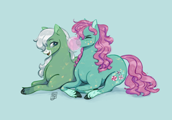 Size: 2388x1668 | Tagged: safe, artist:nightprince-art, derpibooru import, minty, minty (g1), earth pony, pony, g1, g3, blue background, bubblegum, bubblegum bubble, duo, female, food, gum, lying down, mare, prone, simple background, unshorn fetlocks