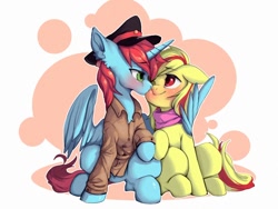 Size: 1080x810 | Tagged: artist needed, source needed, safe, derpibooru import, oc, oc only, oc:二锅头, oc:红星, alicorn, earth pony, pony, alicorn oc, duo, earth pony oc, horn, hug, kissing, simple background, white background, winghug, wings