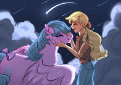 Size: 2388x1668 | Tagged: safe, artist:nightprince-art, derpibooru import, firefly, megan williams, human, pegasus, pony, g1, bow, duo, shooting star, stars, tail, tail bow