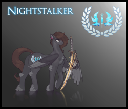 Size: 3500x3000 | Tagged: safe, artist:nsilverdraws, artist:veen, derpibooru import, oc, oc only, oc:nightstalker, butterfly, pegasus, cutie mark, ear piercing, female, gradient background, laurel wreath, magic, mare, pegasus oc, piercing, solo, standing, sundown clan, sword, tail, tail piercing, weapon, wings