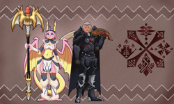 Size: 10000x6000 | Tagged: safe, artist:chedx, derpibooru import, scales (character), oc, dragon, human, absurd file size, absurd resolution, canon x oc, crossover, dragoness, duo, female, monster hunter, staff, weapon