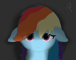 Size: 1380x1080 | Tagged: safe, artist:reinbou, derpibooru import, rainbow dash, pegasus, pony, bust, ears, eye clipping through hair, floppy ears, looking at you, no catchlights, portrait, simple background, solo