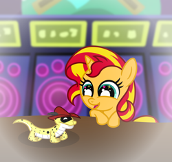 Size: 6012x5664 | Tagged: safe, artist:emeraldblast63, derpibooru import, ray, sunset shimmer, gecko, lizard, pony, unicorn, comic:the tale of two sunsets, 5-year-old, duo, female, filly, filly sunset shimmer, foal, hat, leopard gecko, señor g. echo, story included, younger