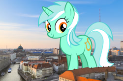 Size: 2048x1363 | Tagged: safe, artist:tardifice, derpibooru import, edit, editor:jaredking779, lyra heartstrings, pony, unicorn, background pony, berlin, female, germany, giant lyra heartstrings, giant pony, giant unicorn, giantess, highrise ponies, irl, looking at you, macro, mare, mega giant, photo, ponies in real life, smiling, solo