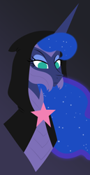 Size: 2606x5036 | Tagged: safe, artist:egor418, derpibooru import, idw, princess luna, alicorn, pony, nightmare knights, spoiler:comic, absurd resolution, armor, cape, clothes, ethereal mane, female, gradient background, high res, lineless, mare, no pupils, simple background, solo
