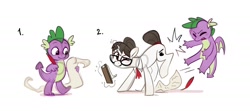 Size: 2048x910 | Tagged: safe, artist:anotherdeadrat, derpibooru import, raven, spike, dragon, pony, unicorn, butt bump, butt smack, butt smash, clipboard, commission, cute, faceful of ass, female, glasses, hair bun, list, male, mare, necktie, older, older spike, one eye closed, quill, ravenbetes, ravenspike, rivalry, scroll, secretary, shipping, simple background, spikabetes, straight, white background, winged spike, wings, wink, ych result