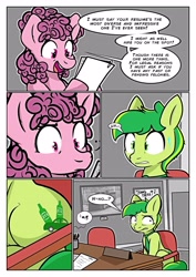 Size: 2893x4092 | Tagged: safe, artist:anuggetqueen, derpibooru import, oc, oc only, chair, cutie mark, duo, frown, implied alcohol, interview, necktie, nervous, nervous sweat, paper, paperclip, rejection, sitting, smiling, this did not end well