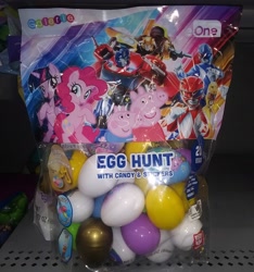 Size: 2448x2620 | Tagged: safe, derpibooru import, pinkie pie, twilight sparkle, twilight sparkle (alicorn), alicorn, earth pony, human, pony, bumblebee (transformers), easter, easter egg, holiday, merchandise, mighty morphin power rangers, optimus prime, peppa pig, transformers