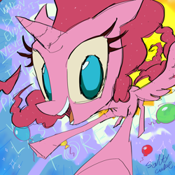 Size: 2000x2000 | Tagged: safe, artist:saltycube, derpibooru import, pinkie pie, alicorn, pony, abstract background, alicornified, balloon, cloud, female, mare, pinkiecorn, race swap, smiling, solo, song reference, sparkles, xk-class end-of-the-world scenario