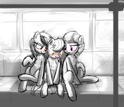 Size: 1000x869 | Tagged: safe, artist:uteuk, derpibooru import, oc, oc only, oc:natrix capefiv, bat pony, earth pony, pony, black and white, blushing, embarrassed, female, grayscale, larger female, male, mare, monochrome, sitting, size difference, stallion, train