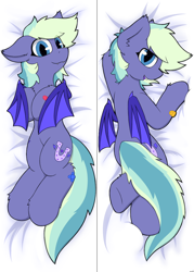 Size: 800x1120 | Tagged: safe, artist:monycaalot, derpibooru import, oc, oc:murphy, bat pony, pony, bat pony oc, bat wings, body pillow, bronykindness, commission, looking at you, lying down, male, solo, wings