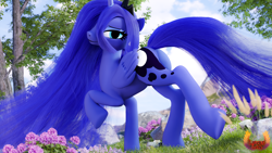 Size: 3840x2160 | Tagged: safe, artist:loveslove, derpibooru import, princess luna, alicorn, pony, 3d, day, female, flower, folded wings, high res, horn, looking at you, outdoors, smiling, smiling at you, solo, tail, tree, wings