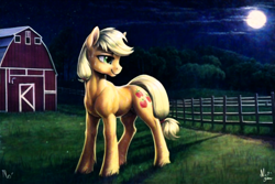 Size: 1728x1152 | Tagged: safe, derpibooru import, generator:novelai, generator:stable diffusion, machine learning generated, applejack, earth pony, pony, barn, dark, detailed, detailed background, farm, female, fence, grass, happy, mare, moon, night, smiling, solo, standing, sweat, tail, tired