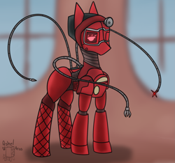 Size: 2025x1898 | Tagged: safe, artist:ashel_aras, derpibooru import, oc, oc only, earth pony, pony, robot, robot pony, atomic heart, clothes, female, mare, ponified, rule 85, solo, species swap, stockings, thigh highs