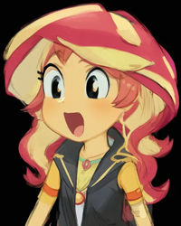 Size: 512x640 | Tagged: safe, artist:luckreza8, derpibooru import, machine learning generated, sunset shimmer, human, equestria girls, :d, anime, black background, female, open mouth, open smile, pinegraph, simple background, smiling, solo