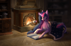 Size: 1920x1243 | Tagged: safe, artist:yasu, derpibooru import, twilight sparkle, twilight sparkle (alicorn), alicorn, book, bookshelf, chest fluff, cozy, cup, fire, fireplace, glasses, glowing, glowing horn, horn, leonine tail, reading glasses, solo, tail, teacup