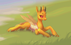 Size: 1920x1212 | Tagged: safe, artist:yasu, derpibooru import, oc, oc only, changeling, grass, lying down, yellow changeling