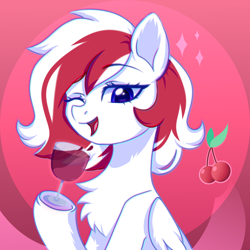 Size: 2500x2500 | Tagged: safe, artist:fluffywhirlpool, derpibooru import, oc, oc only, oc:red wine, pegasus, pony, abstract background, alcohol, bottle, bust, cherry, cute, food, glass, looking at you, mouth hold, pegasus oc, portrait, smiling, solo, two toned mane, wine, wine bottle, wine glass