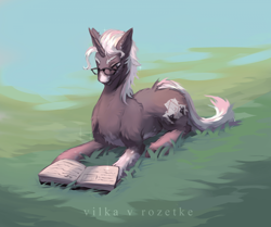 Size: 1920x1605 | Tagged: safe, artist:yasu, derpibooru import, oc, oc only, unicorn, book, glasses, grass, lying down, reading