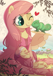 Size: 2817x4000 | Tagged: safe, artist:nookprint, derpibooru import, fluttershy, pegasus, pony, chameleon, clothes, cute, female, floating heart, heart, lilypad, mare, one eye closed, rapunzel, shyabetes, sitting, smiling, solo