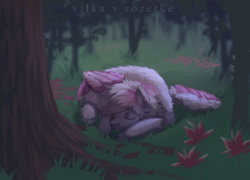 Size: 1920x1386 | Tagged: safe, artist:yasu, derpibooru import, oc, oc only, pegasus, fluffy, forest, grass, leaves, sleeping