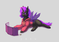 Size: 1920x1350 | Tagged: safe, artist:yasu, derpibooru import, oc, oc only, changeling, clothes, dice, hoodie, purple changeling, rpg