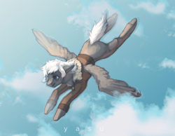 Size: 1920x1493 | Tagged: safe, artist:yasu, derpibooru import, oc, oc only, pegasus, pony, clothes, cloud, flying