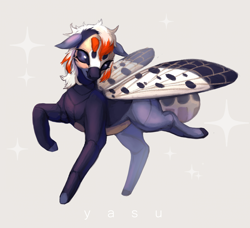 Size: 1920x1753 | Tagged: safe, artist:yasu, derpibooru import, oc, oc only, hybrid, insect, moth, mothpony, gray background, raised leg, simple background, solo, sparkles