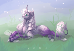 Size: 1920x1328 | Tagged: safe, artist:yasu, derpibooru import, oc, oc only, pony, unicorn, curved horn, grass, horn, lying down, stars