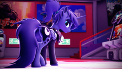 Size: 3840x2160 | Tagged: safe, artist:psfmer, derpibooru import, princess luna, alicorn, pony, 3d, arcade cabinet, bedroom eyes, butt, clothes, eyeshadow, gamer luna, headphones, hoodie, lidded eyes, looking at you, looking back, looking back at you, makeup, moonbutt, plot, ponytail, solo, source filmmaker