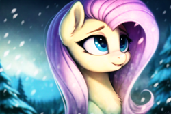 Size: 1728x1152 | Tagged: safe, derpibooru import, generator:novelai, generator:stable diffusion, machine learning generated, fluttershy, pegasus, pony, adorable face, blurry background, bust, chest fluff, cute, ear fluff, ears, eyebrows, eyelashes, female, forest, forest background, happy, looking up, mare, open mouth, portrait, smiling, snow, snowfall, solo