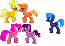 Size: 1120x792 | Tagged: safe, artist:tobyandmavisforever, derpibooru import, pegasus, pony, unicorn, pony creator, g4, austin (the backyardigans), female, group, love, male, mare, pablo (the backyardigans), ponified, quintet, raised hoof, raised leg, shipping, simple background, species swap, stallion, straight, tasha (the backyardigans), tasharone, tyrone (the backyardigans), uniqua, uniquastin, white background