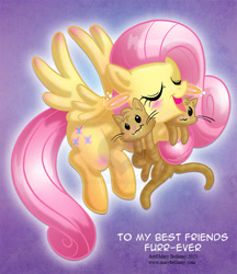 Size: 685x792 | Tagged: safe, artist:marybellamy, derpibooru import, fluttershy, cat, pegasus, pony, blushing, commission, cute, eyes closed, female, flying, halo, hug, kitten, mare, open mouth, patreon, patreon reward, shyabetes, signature