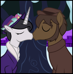 Size: 4230x4276 | Tagged: safe, artist:mr100dragon100, derpibooru import, oc, oc:elizabeth, earth pony, pony, unicorn, dark forest au's dr. jekyll and mr. hyde, female, kissing, male, mare, night, shipping, stallion, tree