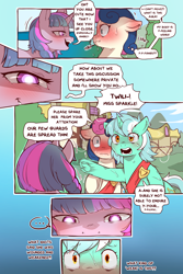 Size: 960x1440 | Tagged: safe, alternate version, artist:cold-blooded-twilight, derpibooru import, bon bon, lyra heartstrings, sweetie drops, twilight sparkle, comic:cold storm, blushing, cold blooded twilight, comic, dialogue, fangs, glowing, shivering, speech bubble, sweat, thought bubble, wide eyes