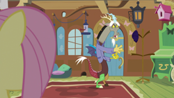 Size: 1920x1080 | Tagged: safe, derpibooru import, screencap, discord, fluttershy, draconequus, pony, make new friends but keep discord, bird house, fluttershy's cottage, fluttershy's cottage (interior), mouse hole