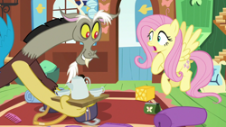 Size: 1280x720 | Tagged: safe, derpibooru import, screencap, discord, fluttershy, draconequus, pegasus, pony, dungeons and discords, fluttershy's cottage, fluttershy's cottage (interior)