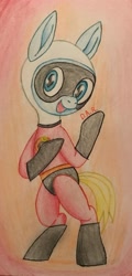 Size: 1627x3401 | Tagged: safe, artist:gracefulart693, derpibooru import, oc, oc:finn the pony, earth pony, pony, bipedal, clothes, costume, crossover, male, mask, smiling, stallion, the incredibles, traditional art