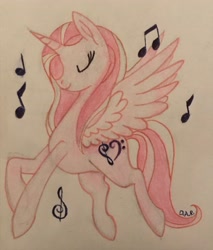 Size: 3024x3557 | Tagged: safe, artist:gracefulart693, derpibooru import, oc, oc only, alicorn, pony, alicorn oc, eyes closed, female, horn, mare, music notes, solo, traditional art, wings