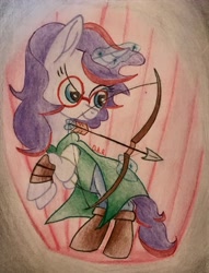 Size: 3024x3949 | Tagged: safe, artist:gracefulart693, derpibooru import, oc, oc only, pony, unicorn, arrow, boots, bow (weapon), bow and arrow, clothes, female, glasses, glowing, glowing horn, horn, looking back, magic, mare, rearing, shoes, telekinesis, traditional art, unicorn oc, weapon