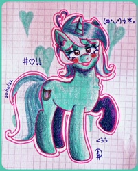 Size: 1809x2251 | Tagged: safe, artist:loohisgod27, derpibooru import, lyra heartstrings, pony, unicorn, bedroom eyes, blush sticker, blushing, eyelashes, female, graph paper, mare, raised hoof, raised leg, smiling, solo, traditional art