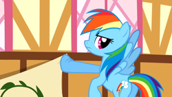 Size: 1280x720 | Tagged: safe, derpibooru import, screencap, rainbow dash, pegasus, pony, the last roundup, butt, female, mare, plot, ponyville town hall, rainbutt dash, solo