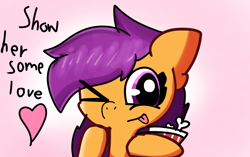 Size: 2552x1606 | Tagged: safe, artist:just loq, derpibooru import, scootaloo, pegasus, pony, :p, cute, cutealoo, floating heart, food, heart, kfc, looking at you, one eye closed, scootachicken, scootalove, solo, text, tongue, tongue out, wink, winking at you